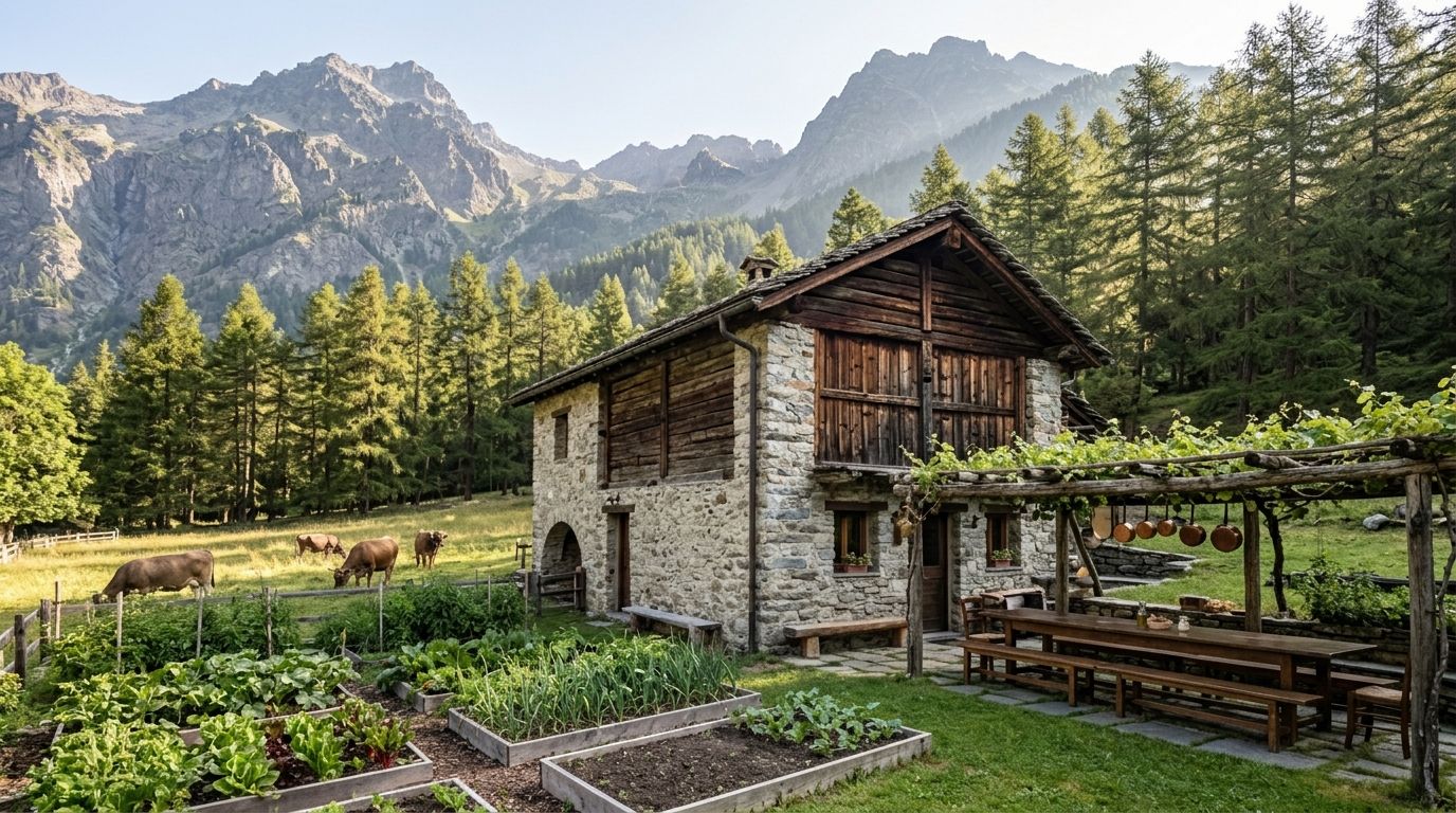 Una cascina di pietra e legno con l'orto davanti, il pergolato con le panche e le mucche al pascolo sotto le montagne