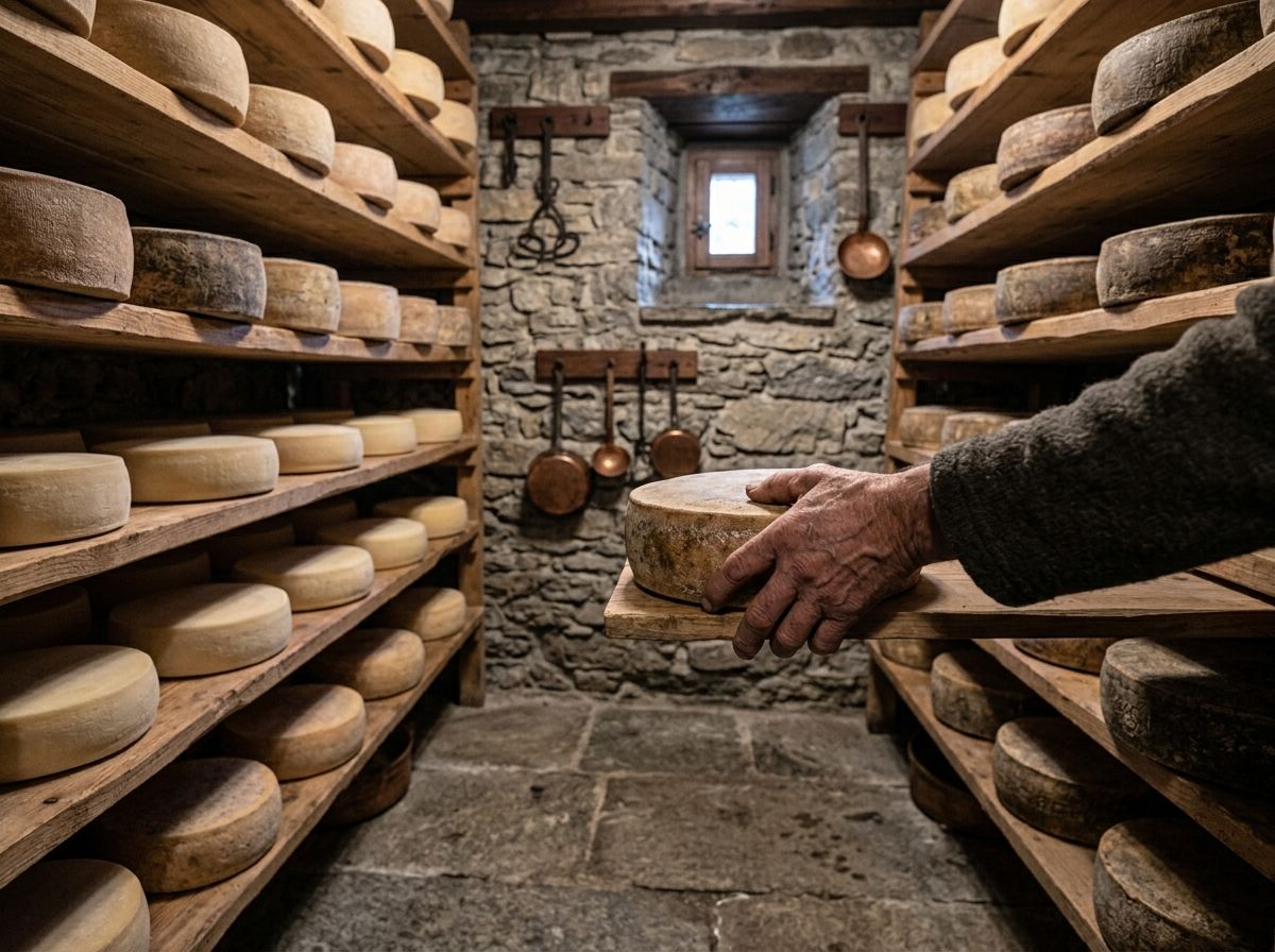 Una cantina di stagionatura con le forme di formaggio sugli scaffali di legno e una mano che ne gira una