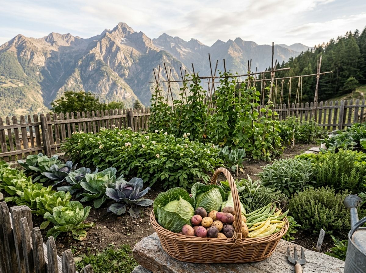 Un orto di montagna con i cavoli, i fagioli sui pali e le erbe, e un cesto di verdure appena raccolte